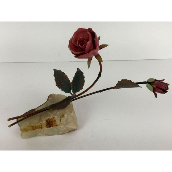 Enameled Copper Metal Rose Flower Sculpture Figurine on Quartz Rock Crystal Base - Picture 1 of 12